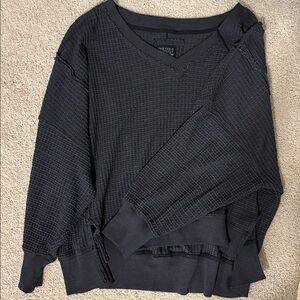 American Eagle Distressed Dark Grey Waffle Knit Sweater